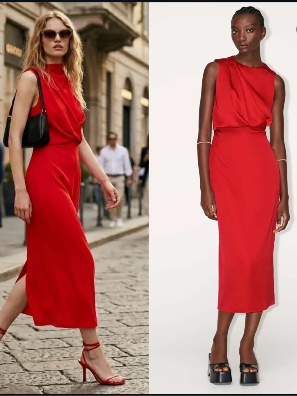 Zara Red Sleeveless Draped Midi Dress